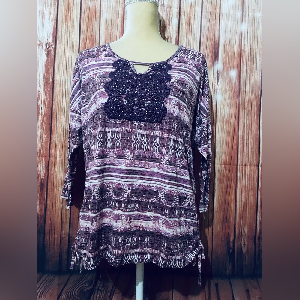 Women’s Large Blouse Erika Fuchsia 3/4 Sleeves Drawstring Sides Beaded Bust Soft